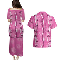 Hawaii Maile Lei Couples Matching Puletasi and Hawaiian Shirt With Pink Monstera Pattern