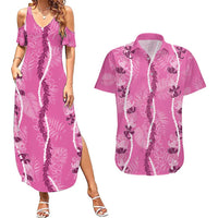 Hawaii Maile Lei Couples Matching Summer Maxi Dress and Hawaiian Shirt With Pink Monstera Pattern