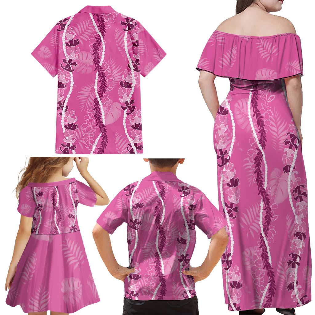 Hawaii Maile Lei Family Matching Off Shoulder Maxi Dress and Hawaiian Shirt With Pink Monstera Pattern