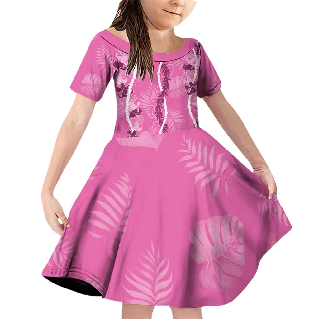 Hawaii Maile Lei Family Matching Off Shoulder Short Dress and Hawaiian Shirt With Pink Monstera Pattern LT05 Daughter's Dress Pink - Polynesian Pride