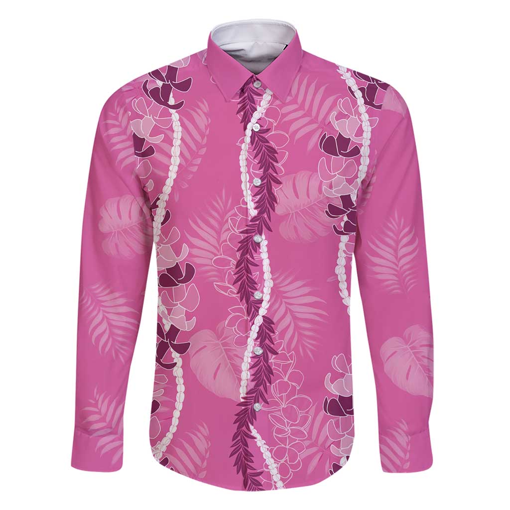 Hawaii Maile Lei Family Matching Off Shoulder Short Dress and Hawaiian Shirt With Pink Monstera Pattern LT05 Dad's Shirt - Long Sleeve Pink - Polynesian Pride