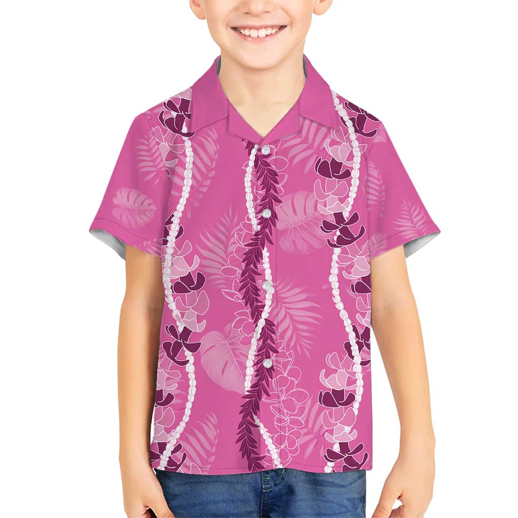 Hawaii Maile Lei Family Matching Off Shoulder Short Dress and Hawaiian Shirt With Pink Monstera Pattern LT05 Son's Shirt Pink - Polynesian Pride