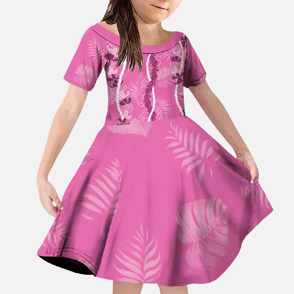 Hawaii Maile Lei Family Matching Short Sleeve Bodycon Dress and Hawaiian Shirt With Pink Monstera Pattern LT05 Daughter's Dress Pink - Polynesian Pride