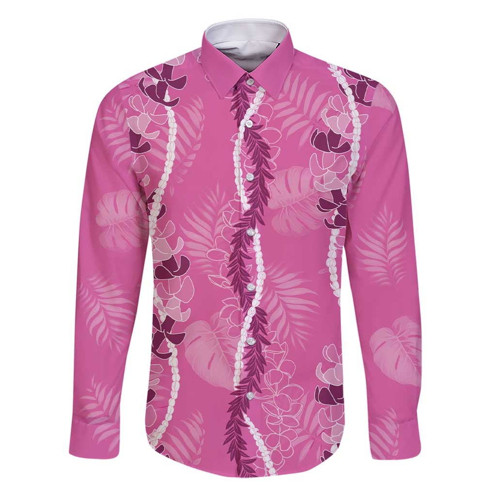 Hawaii Maile Lei Family Matching Short Sleeve Bodycon Dress and Hawaiian Shirt With Pink Monstera Pattern LT05 Dad's Shirt - Long Sleeve Pink - Polynesian Pride