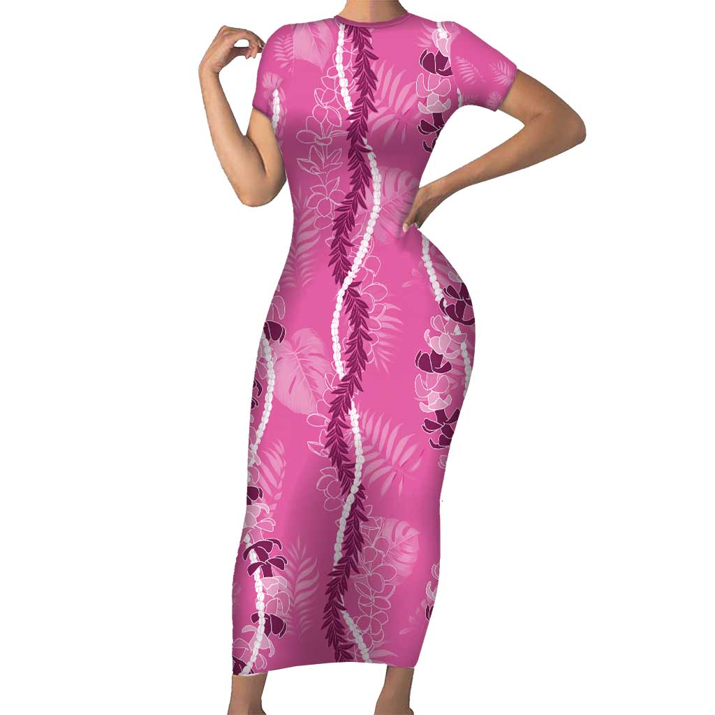 Hawaii Maile Lei Family Matching Short Sleeve Bodycon Dress and Hawaiian Shirt With Pink Monstera Pattern LT05 Mom's Dress Pink - Polynesian Pride
