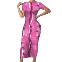 Hawaii Maile Lei Family Matching Short Sleeve Bodycon Dress and Hawaiian Shirt With Pink Monstera Pattern LT05 Mom's Dress Pink - Polynesian Pride