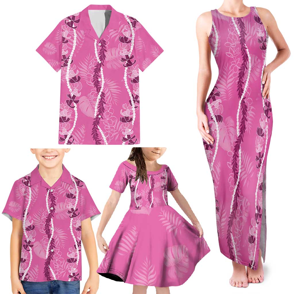 Hawaii Maile Lei Family Matching Tank Maxi Dress and Hawaiian Shirt - Pink Monstera Pattern LT05 - Polynesian Pride
