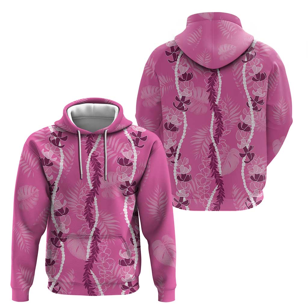 Hawaii Maile Lei Hoodie With Pink Monstera Pattern
