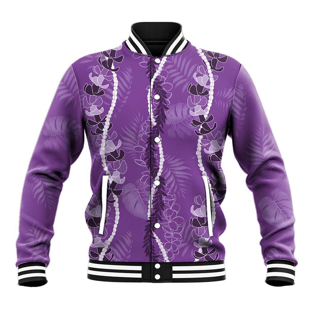 Hawaii Maile Lei Baseball Jacket With Violet Monstera Pattern