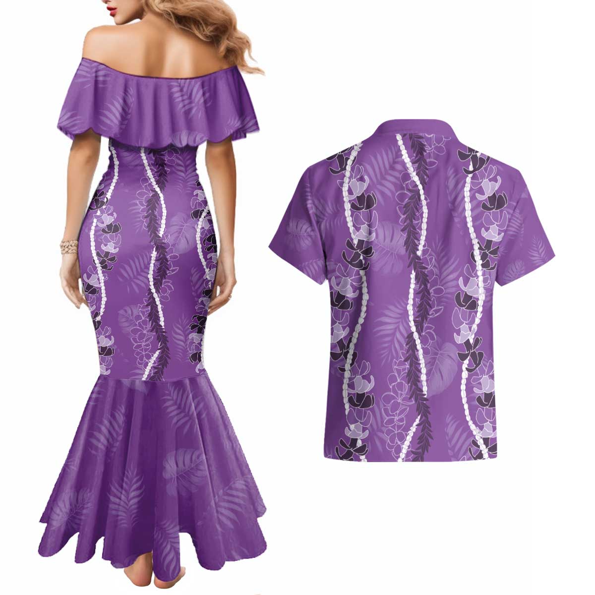 Hawaii Maile Lei Couples Matching Mermaid Dress and Hawaiian Shirt With Violet Monstera Pattern