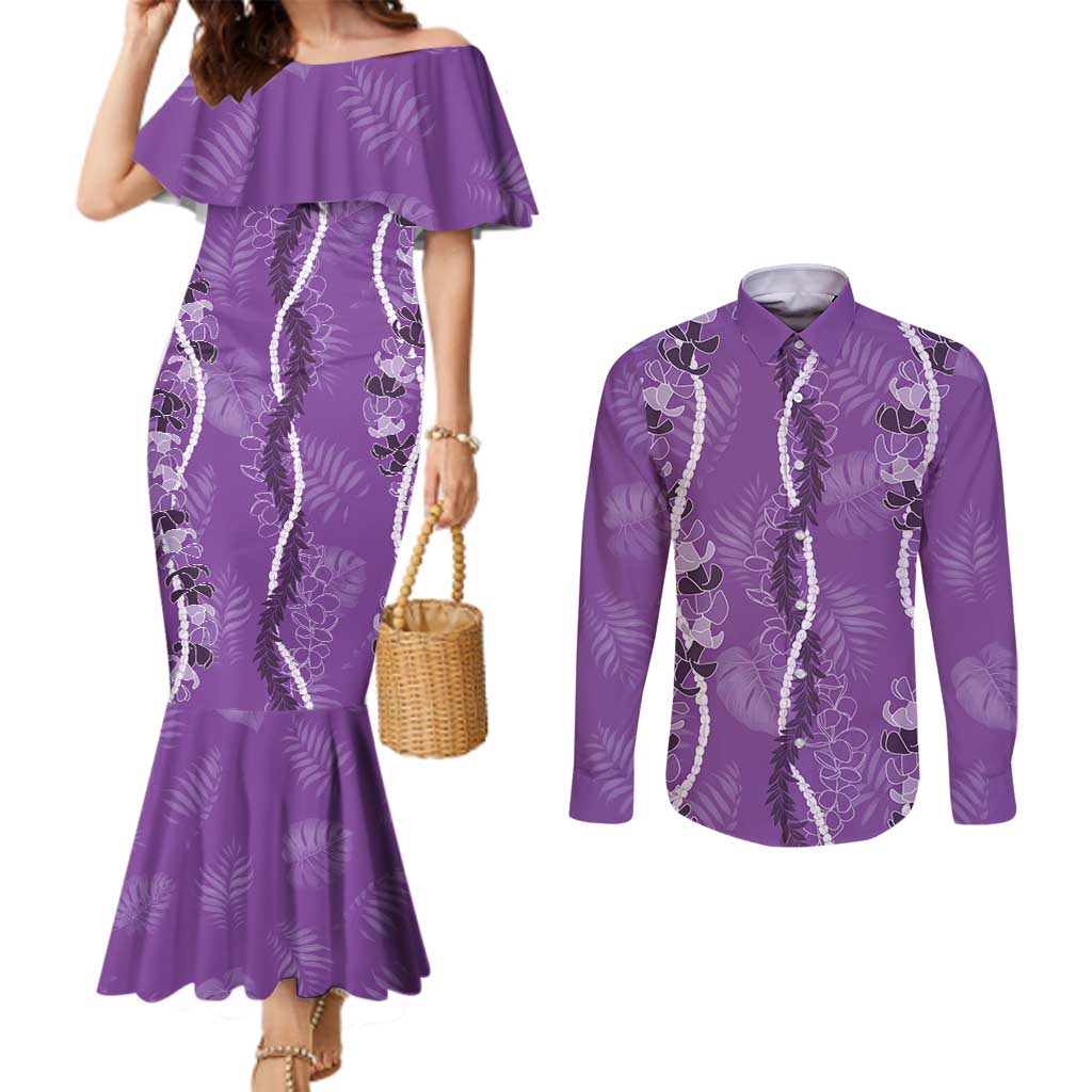 Hawaii Maile Lei Couples Matching Mermaid Dress and Long Sleeve Button Shirt With Violet Monstera Pattern LT05 Violet - Polynesian Pride