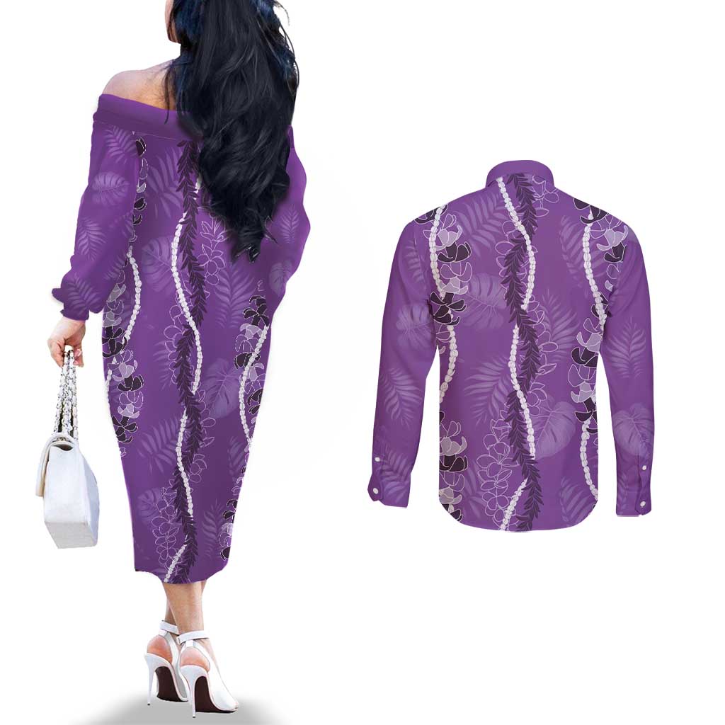 Hawaii Maile Lei Couples Matching Off The Shoulder Long Sleeve Dress and Long Sleeve Button Shirt With Violet Monstera Pattern LT05 - Polynesian Pride