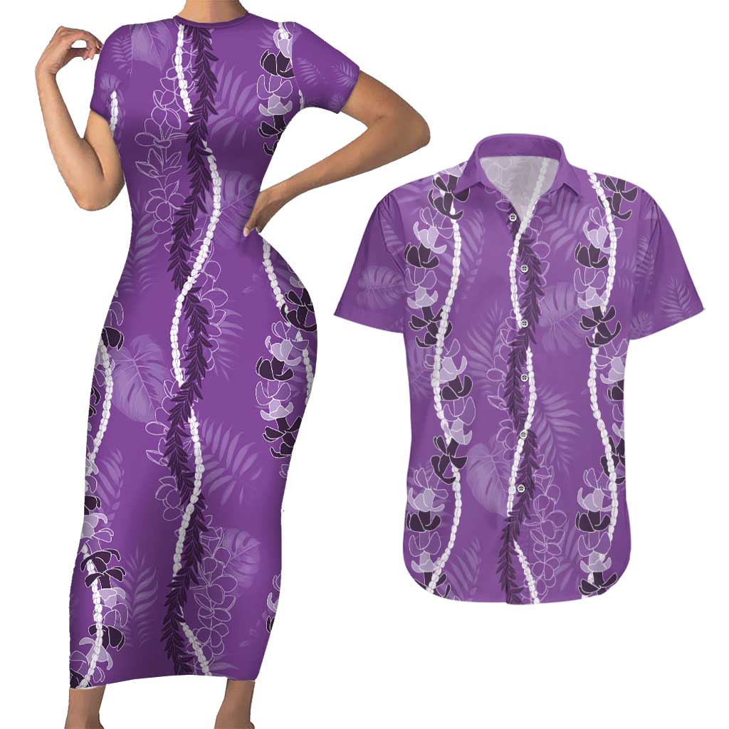 Hawaii Maile Lei Couples Matching Short Sleeve Bodycon Dress and Hawaiian Shirt With Violet Monstera Pattern