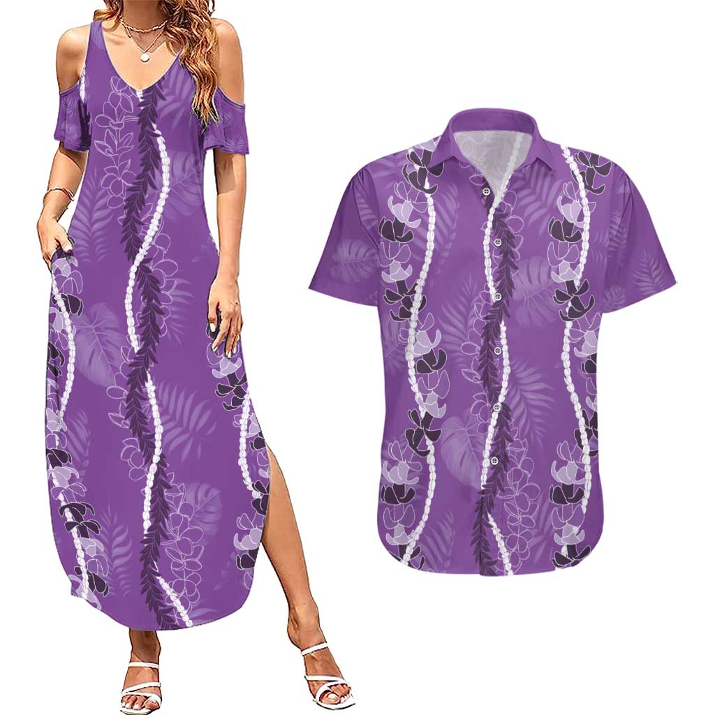 Hawaii Maile Lei Couples Matching Summer Maxi Dress and Hawaiian Shirt With Violet Monstera Pattern