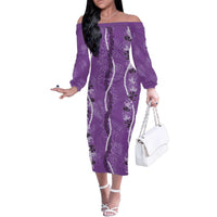 Hawaii Maile Lei Family Matching Off The Shoulder Long Sleeve Dress and Hawaiian Shirt With Violet Monstera Pattern