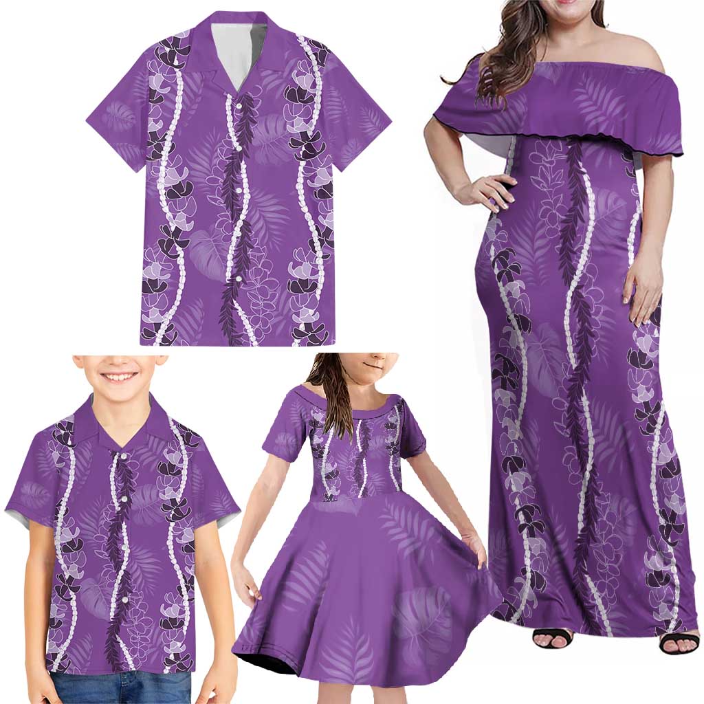 Hawaii Maile Lei Family Matching Off Shoulder Maxi Dress and Hawaiian Shirt With Violet Monstera Pattern