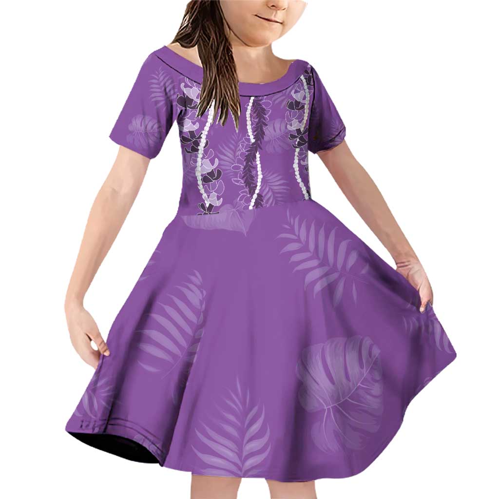Hawaii Maile Lei Family Matching Off Shoulder Short Dress and Hawaiian Shirt With Violet Monstera Pattern LT05 Daughter's Dress Violet - Polynesian Pride