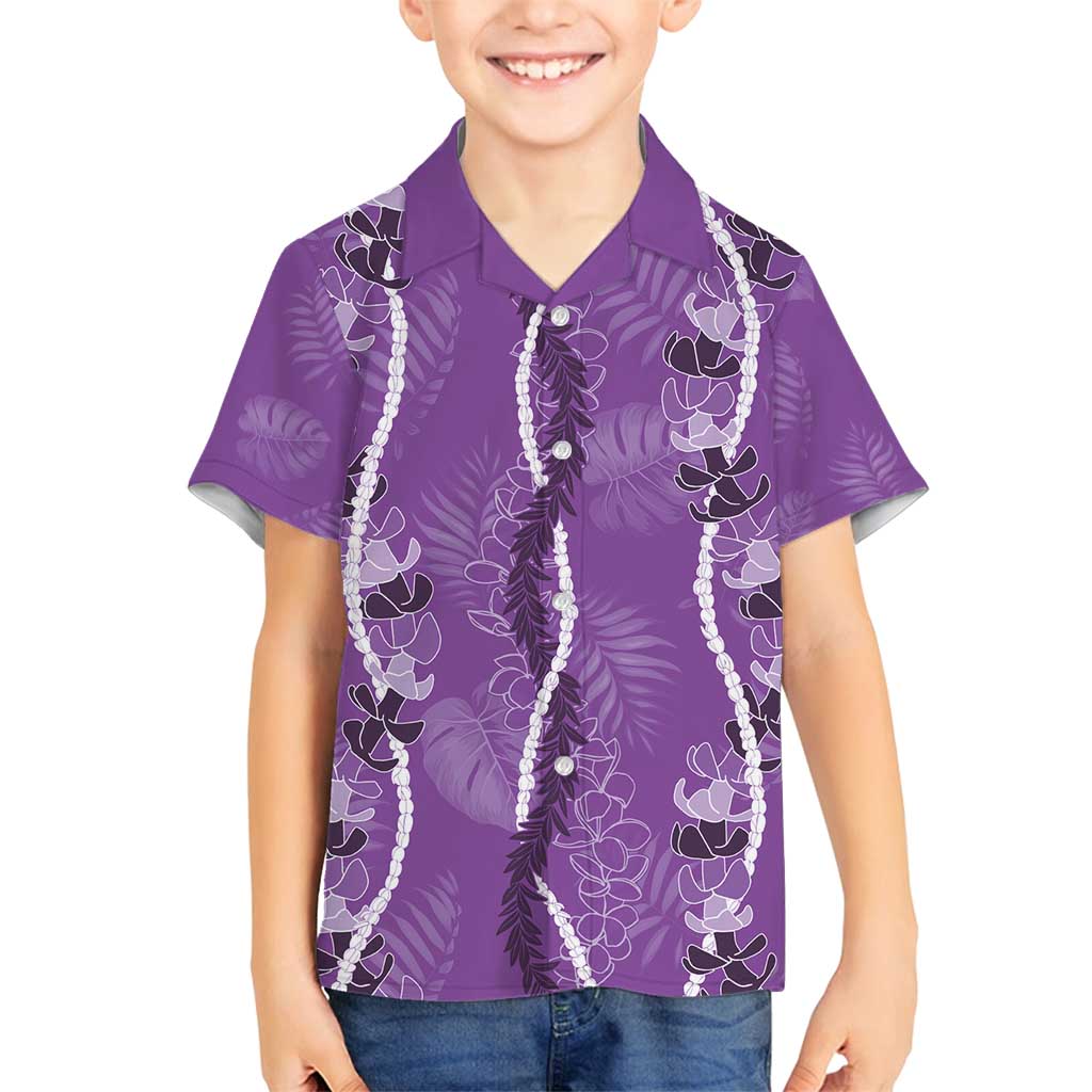 Hawaii Maile Lei Family Matching Off Shoulder Short Dress and Hawaiian Shirt With Violet Monstera Pattern LT05 Son's Shirt Violet - Polynesian Pride