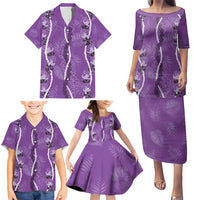 Hawaii Maile Lei Family Matching Puletasi and Hawaiian Shirt With Violet Monstera Pattern