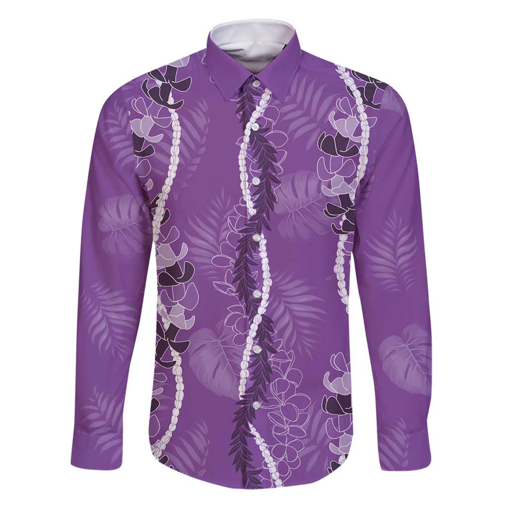 Hawaii Maile Lei Family Matching Tank Maxi Dress and Hawaiian Shirt With Violet Monstera Pattern LT05 Dad's Shirt - Long Sleeve Violet - Polynesian Pride