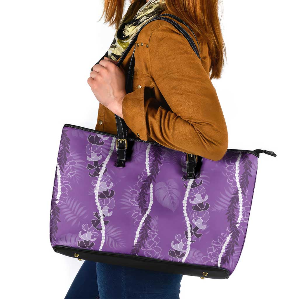 Hawaii Maile Lei Leather Tote Bag With Violet Monstera Pattern LT05 Violet - Polynesian Pride