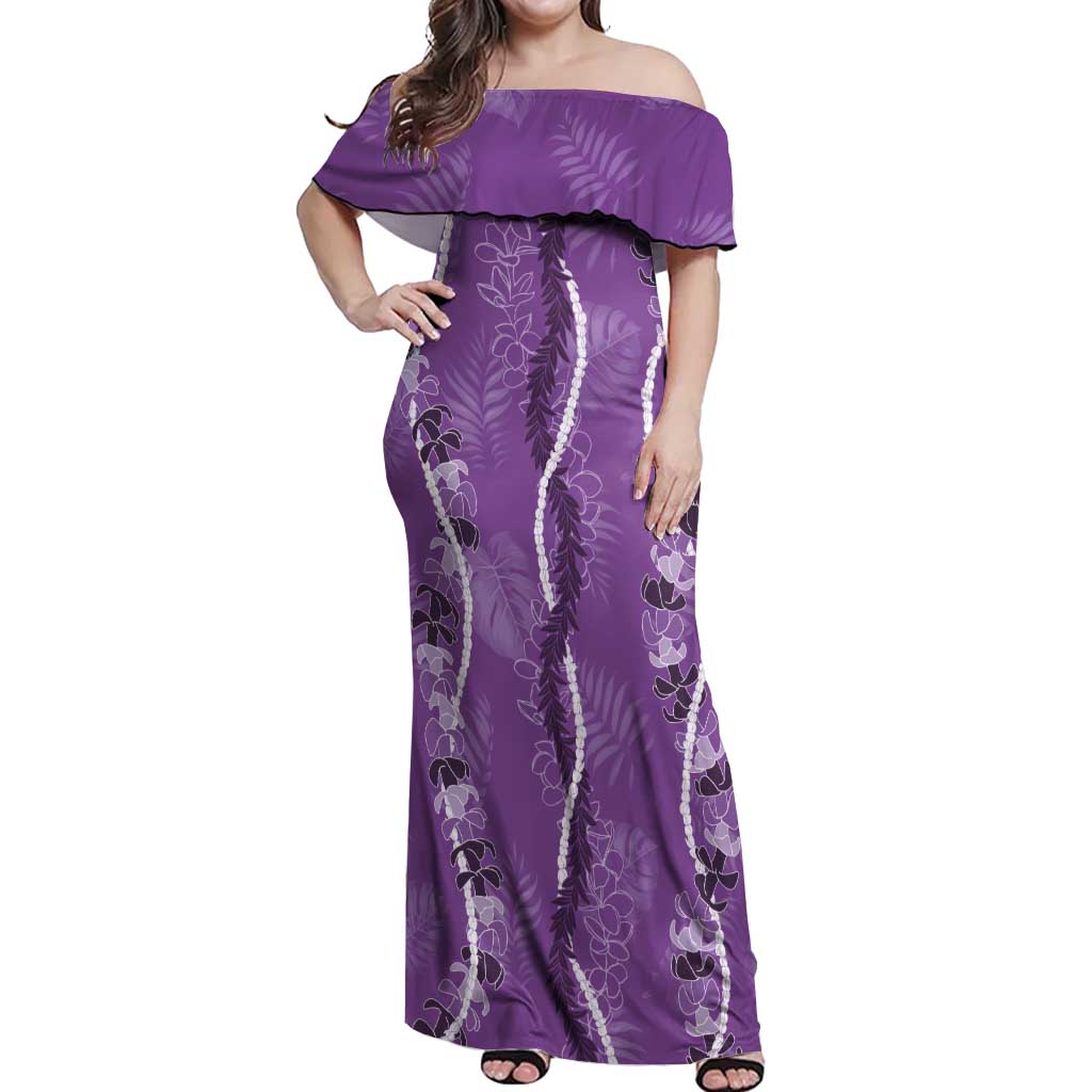 Hawaii Maile Lei Off Shoulder Maxi Dress With Violet Monstera Pattern LT05 Women Violet - Polynesian Pride