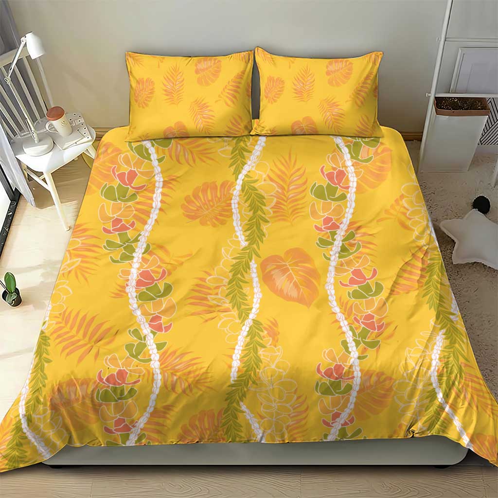 Hawaii Maile Lei Bedding Set With Yellow Monstera Pattern