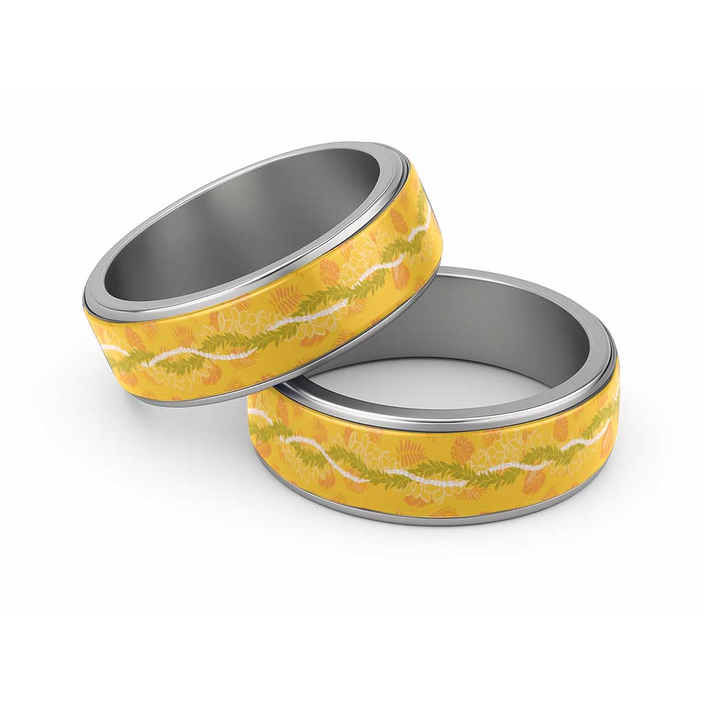 Hawaii Maile Lei Classic Ring With Yellow Monstera Pattern - Polynesian Pride
