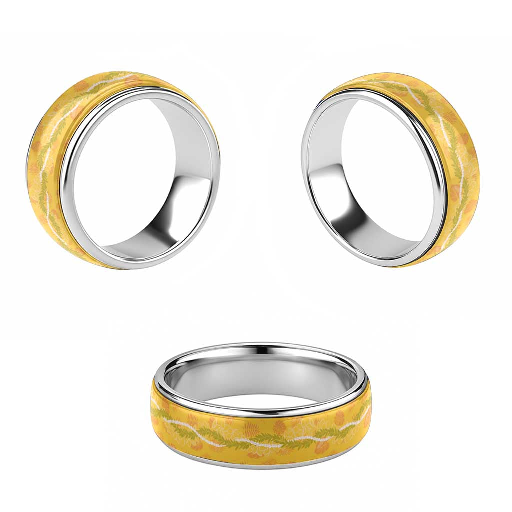 Hawaii Maile Lei Classic Ring With Yellow Monstera Pattern - Polynesian Pride