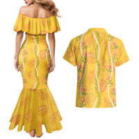 Hawaii Maile Lei Couples Matching Mermaid Dress and Hawaiian Shirt With Yellow Monstera Pattern