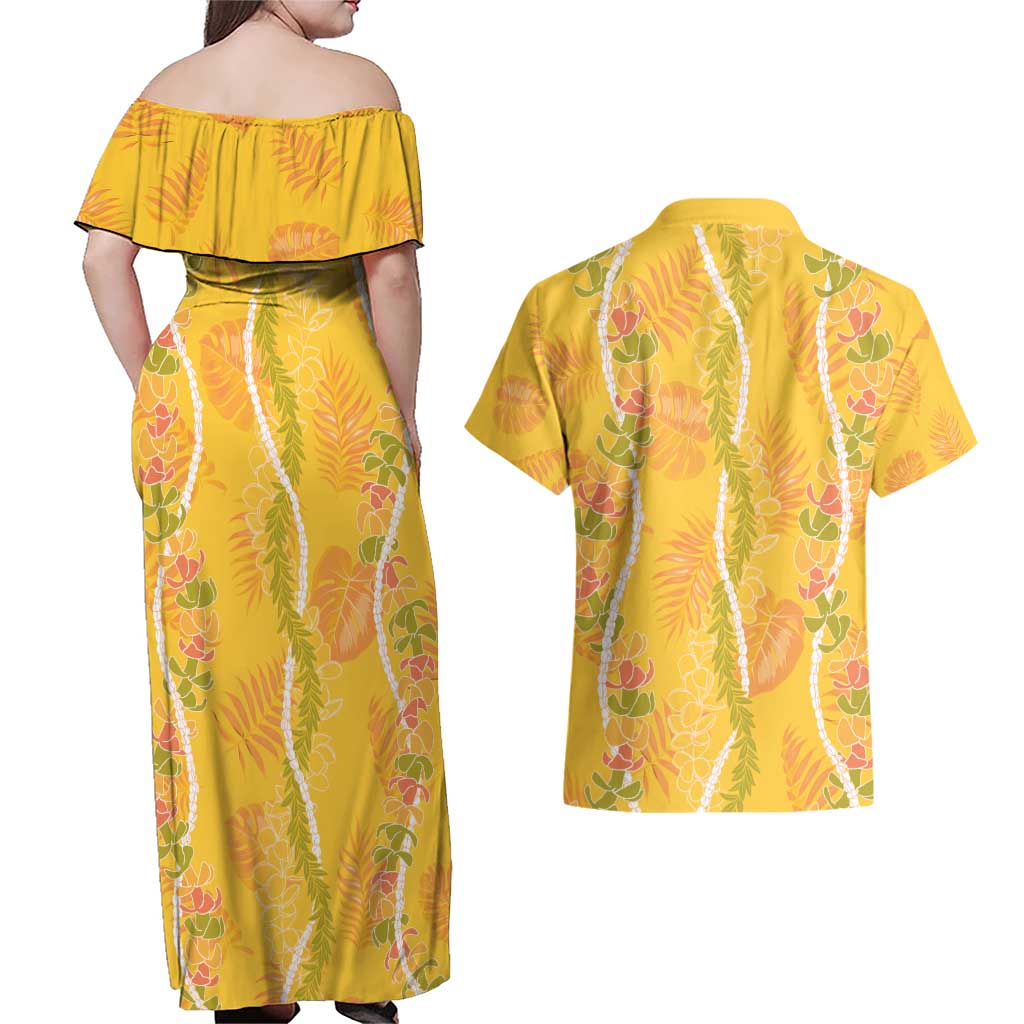 Hawaii Maile Lei Couples Matching Off Shoulder Maxi Dress and Hawaiian Shirt With Yellow Monstera Pattern