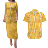 Hawaii Maile Lei Couples Matching Puletasi and Hawaiian Shirt With Yellow Monstera Pattern