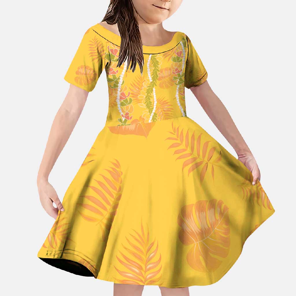 Hawaii Maile Lei Family Matching Mermaid Dress and Hawaiian Shirt With Yellow Monstera Pattern LT05 Daughter's Dress Yellow - Polynesian Pride