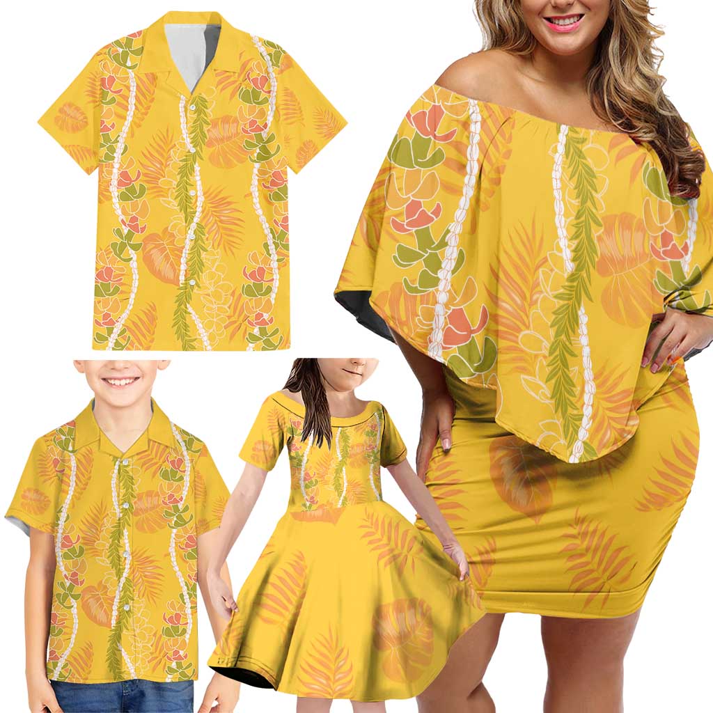 Hawaii Maile Lei Family Matching Off Shoulder Short Dress and Hawaiian Shirt With Yellow Monstera Pattern LT05 - Polynesian Pride