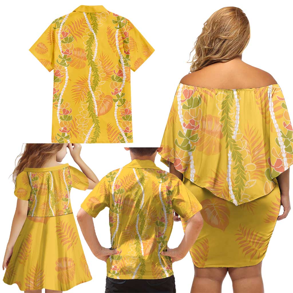 Hawaii Maile Lei Family Matching Off Shoulder Short Dress and Hawaiian Shirt With Yellow Monstera Pattern LT05 - Polynesian Pride