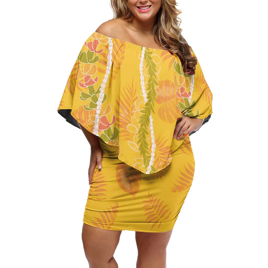 Hawaii Maile Lei Family Matching Off Shoulder Short Dress and Hawaiian Shirt With Yellow Monstera Pattern LT05 Mom's Dress Yellow - Polynesian Pride