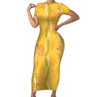 Hawaii Maile Lei Family Matching Short Sleeve Bodycon Dress and Hawaiian Shirt With Yellow Monstera Pattern LT05 Mom's Dress Yellow - Polynesian Pride