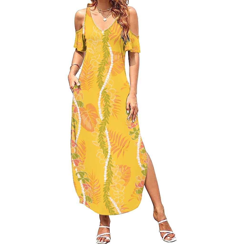Hawaii Maile Lei Family Matching Summer Maxi Dress and Hawaiian Shirt With Yellow Monstera Pattern LT05 Mom's Dress Yellow - Polynesian Pride