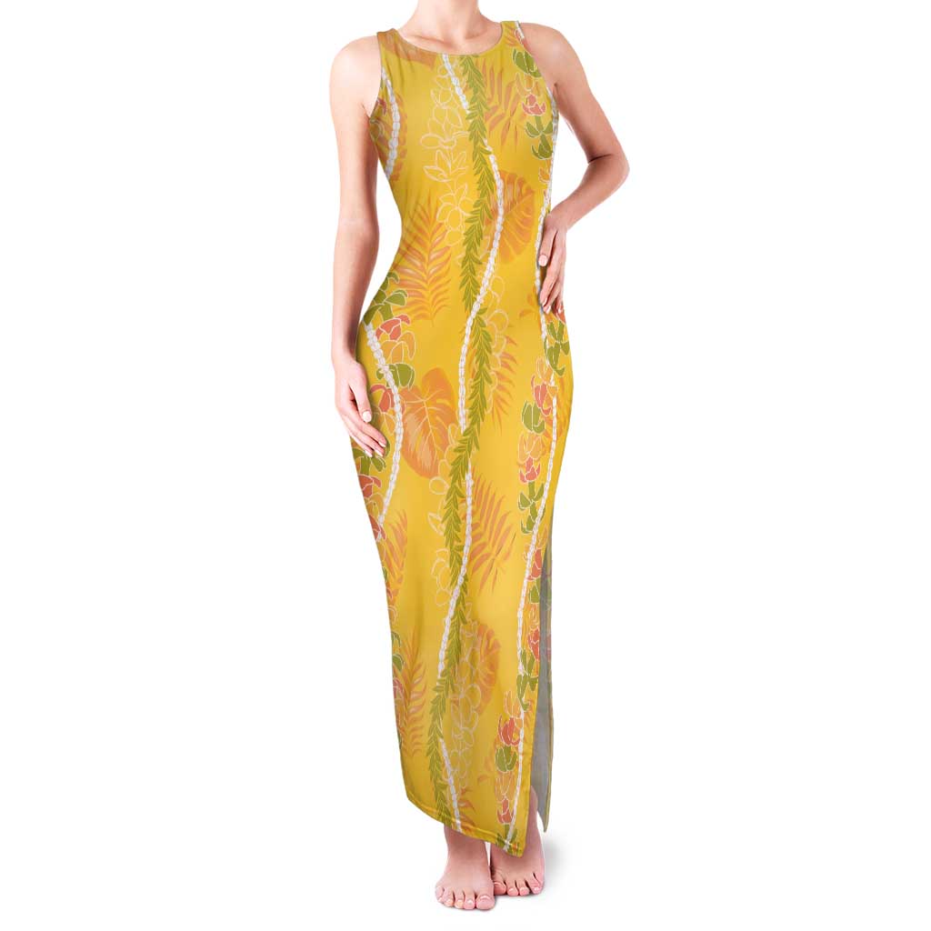 Hawaii Maile Lei Family Matching Tank Maxi Dress and Hawaiian Shirt With Yellow Monstera Pattern LT05 Mom's Dress Yellow - Polynesian Pride