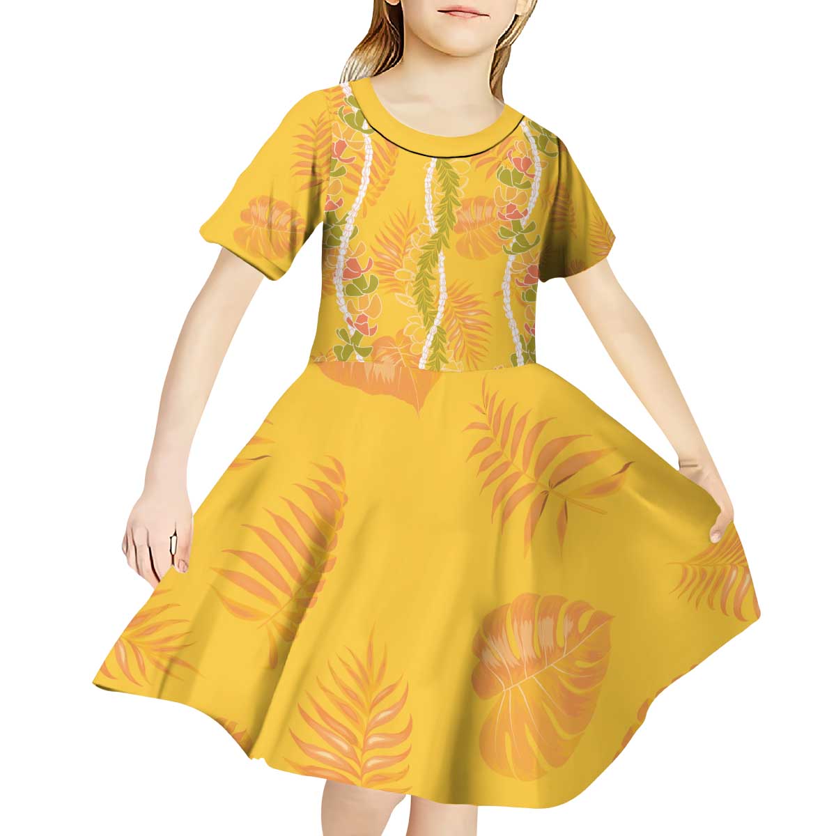 Hawaii Maile Lei Kid Short Sleeve Dress With Yellow Monstera Pattern LT05 - Polynesian Pride