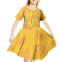 Hawaii Maile Lei Kid Short Sleeve Dress With Yellow Monstera Pattern LT05 - Polynesian Pride