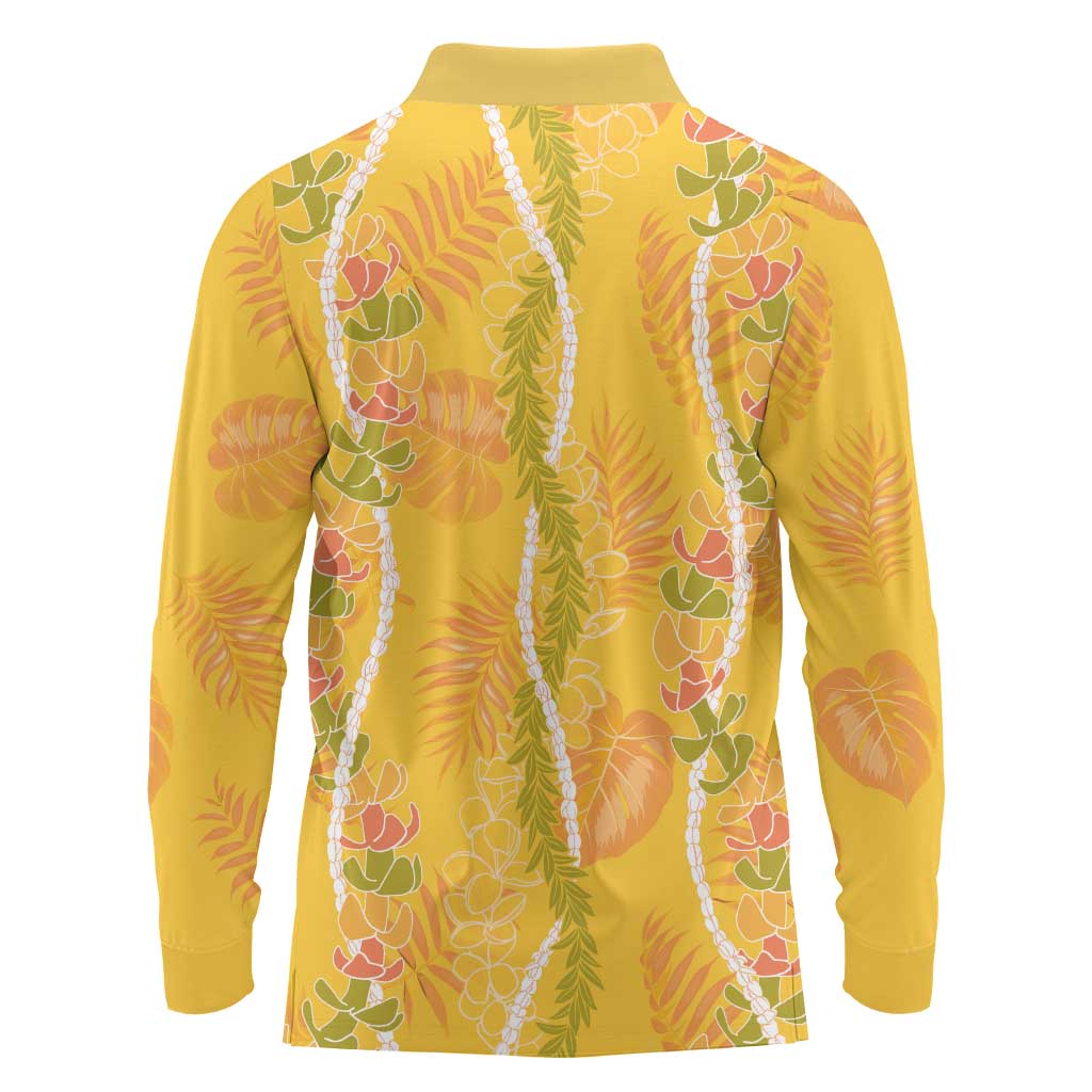 Hawaii Maile Lei Long Sleeve Polo Shirt With Yellow Monstera Pattern