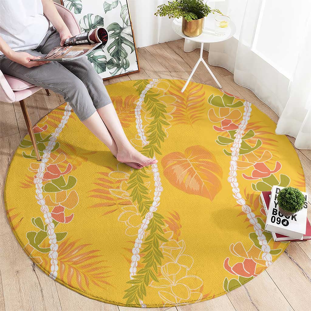 Hawaii Maile Lei Round Carpet With Yellow Monstera Pattern LT05 - Polynesian Pride