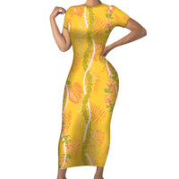 Hawaii Maile Lei Short Sleeve Bodycon Dress With Yellow Monstera Pattern LT05 Long Dress Yellow - Polynesian Pride