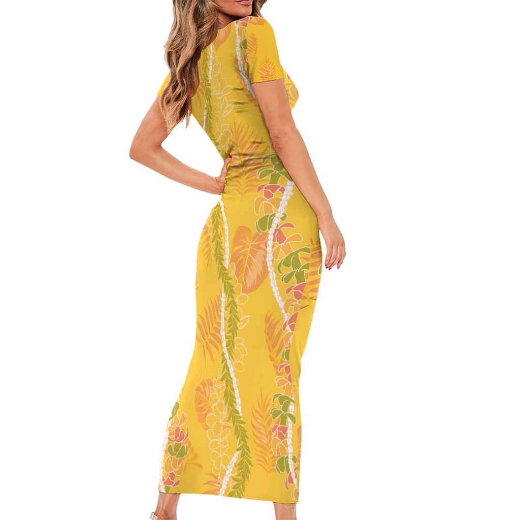 Hawaii Maile Lei Short Sleeve Bodycon Dress With Yellow Monstera Pattern LT05 - Polynesian Pride