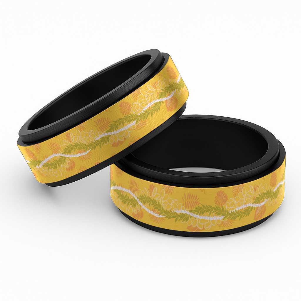 Hawaii Maile Lei Spinner Ring With Yellow Monstera Pattern - Polynesian Pride