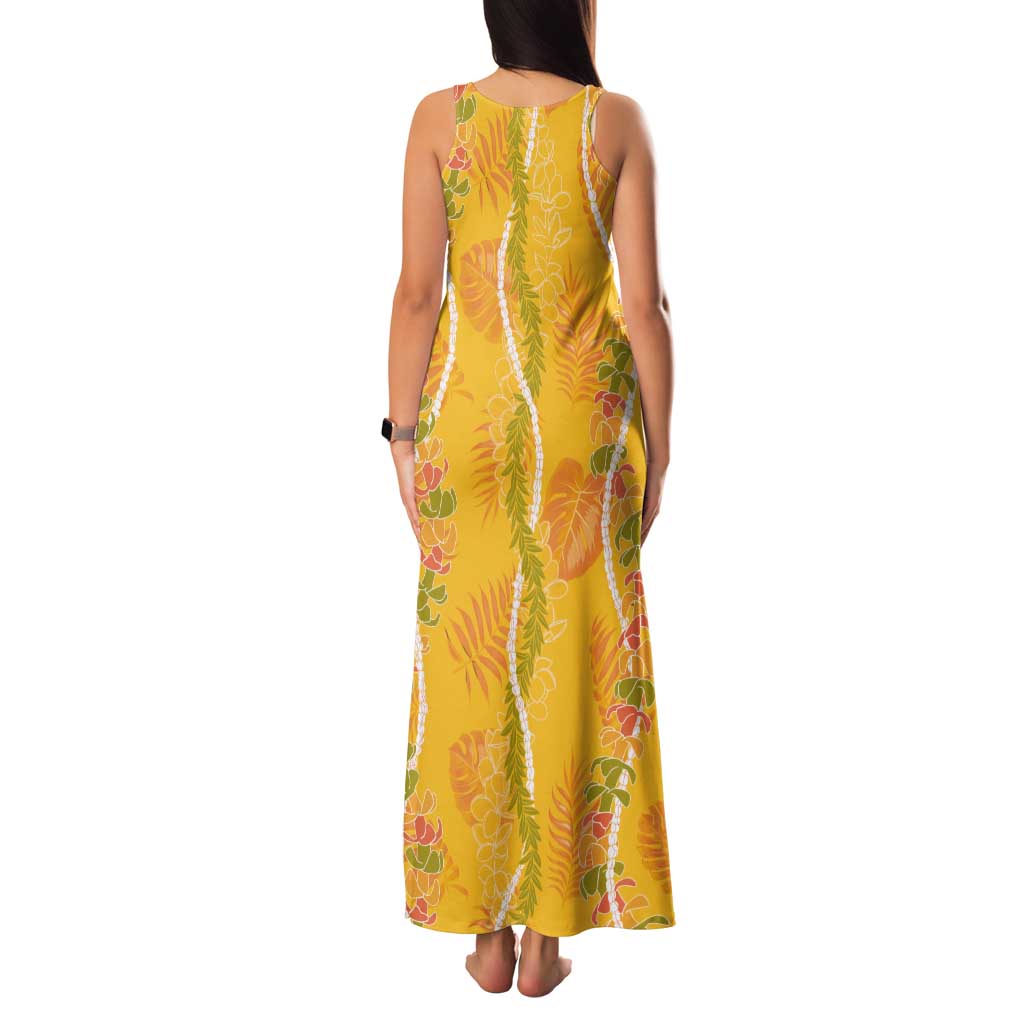 Hawaii Maile Lei Tank Maxi Dress With Yellow Monstera Pattern