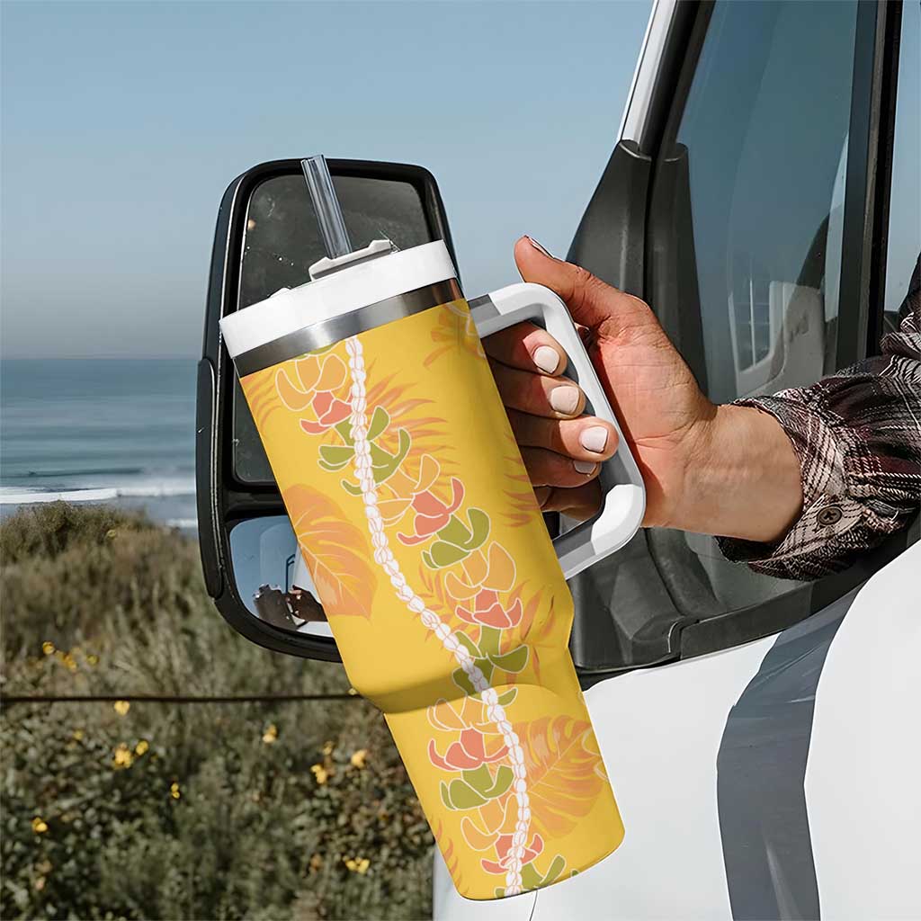 Hawaii Maile Lei Tumbler With Handle With Yellow Monstera Pattern