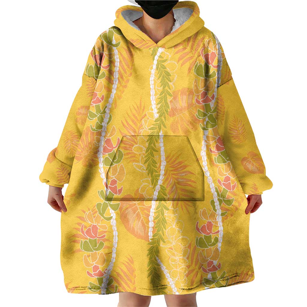 Hawaii Maile Lei Wearable Blanket Hoodie With Yellow Monstera Pattern