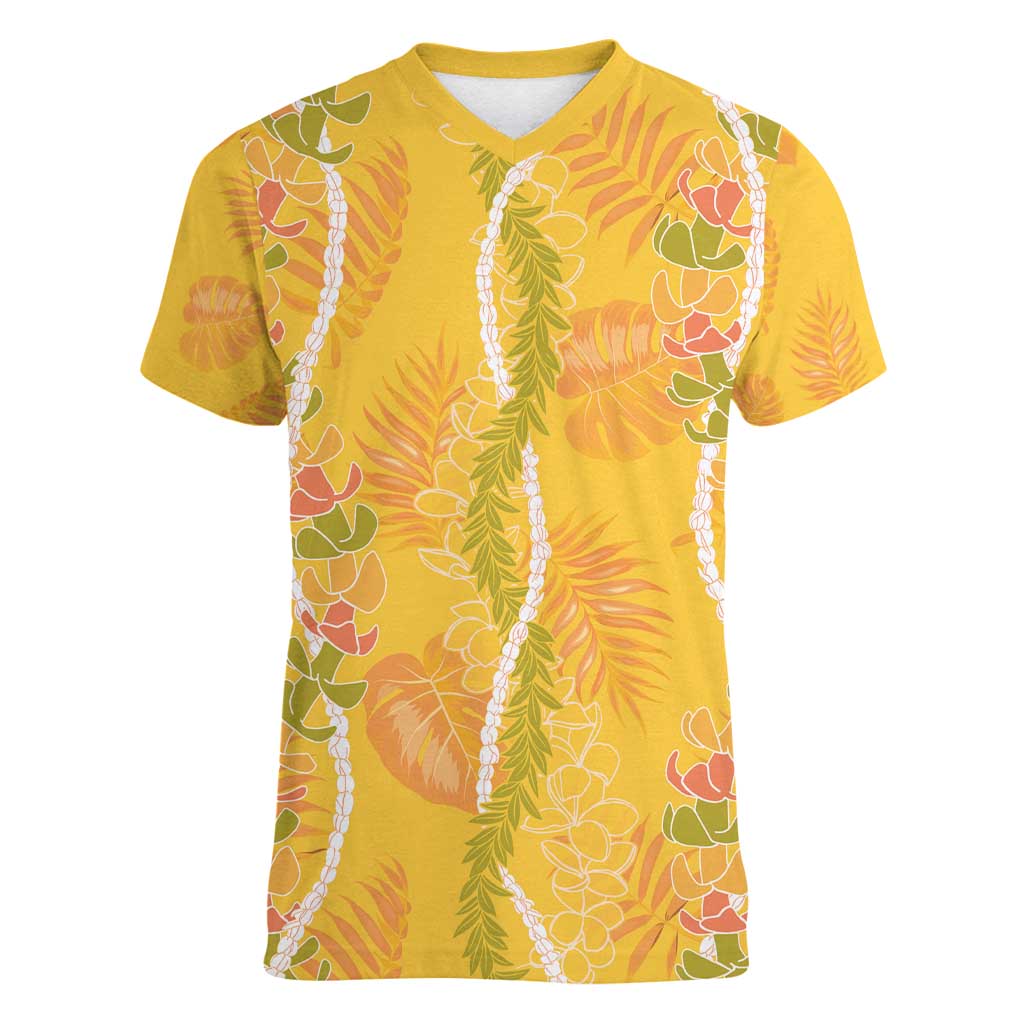 Hawaii Maile Lei Women V-Neck T-Shirt With Yellow Monstera Pattern LT05 Female Yellow - Polynesian Pride